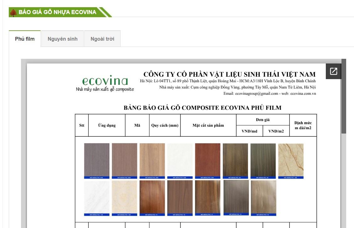 Báo giá gỗ nhựa composite Ecovina mới nhất 2023