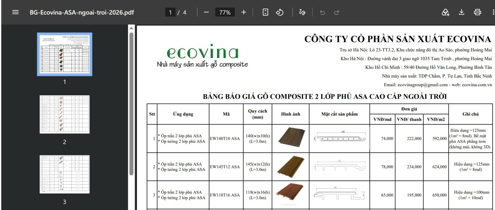 Báo giá gỗ nhựa Composite 2 lớp phủ ASA ECOVINA hiện nay